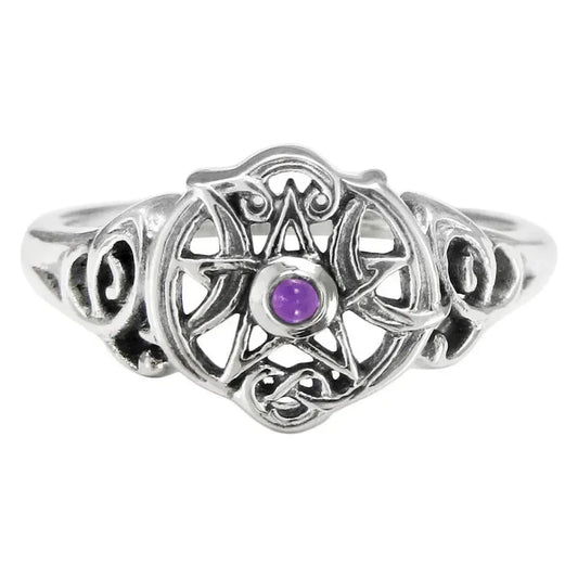 Sterling Silver Heart Pentacle Ring with Amethyst Sizes 4-15
