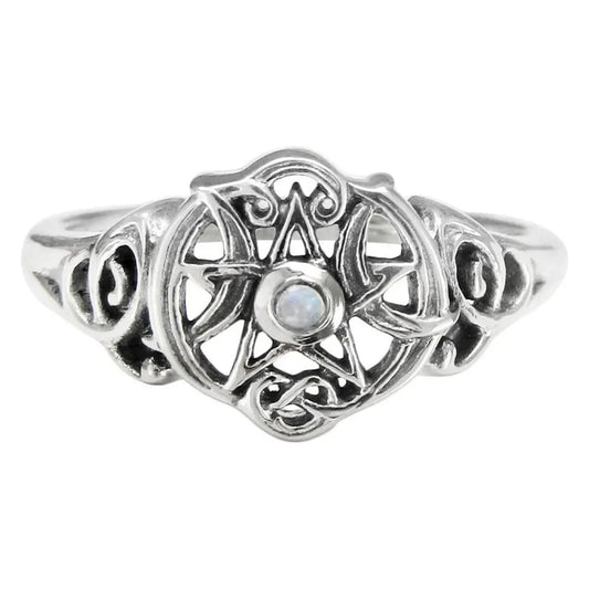 Sterling Silver Heart Pentacle Ring with Rainbow Moonstone Sizes 4-15