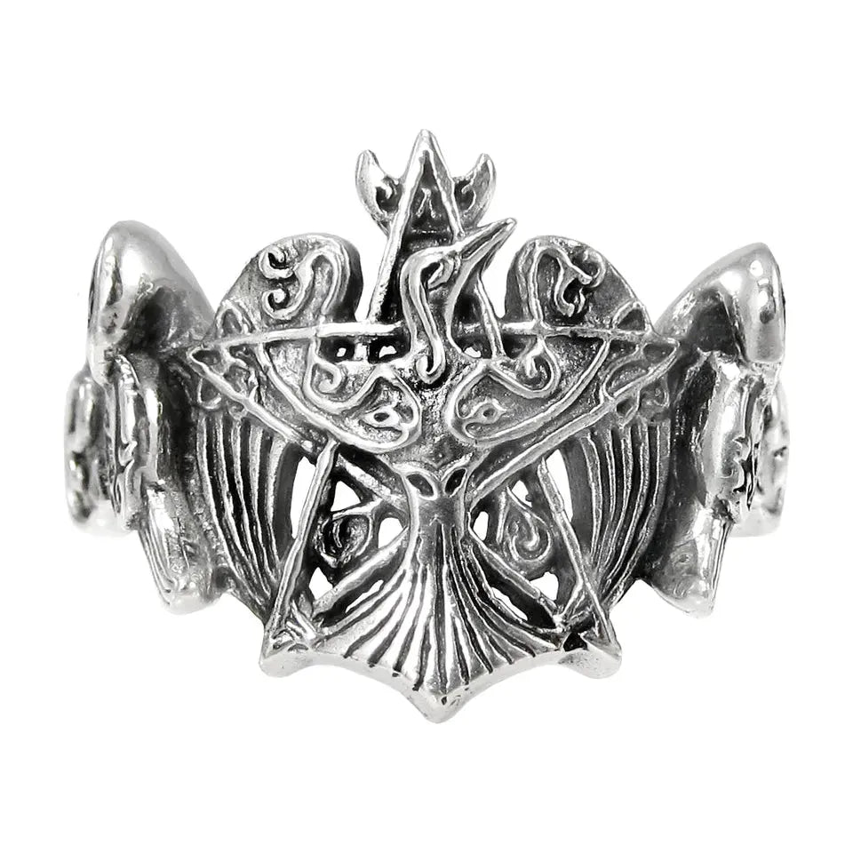 Sterling Silver Crescent Raven Pentacle Ring Sizes 5-12