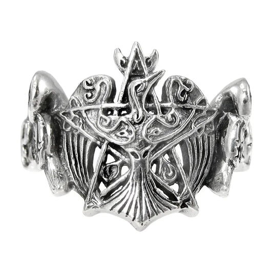 Sterling Silver Crescent Raven Pentacle Ring Sizes 5-12