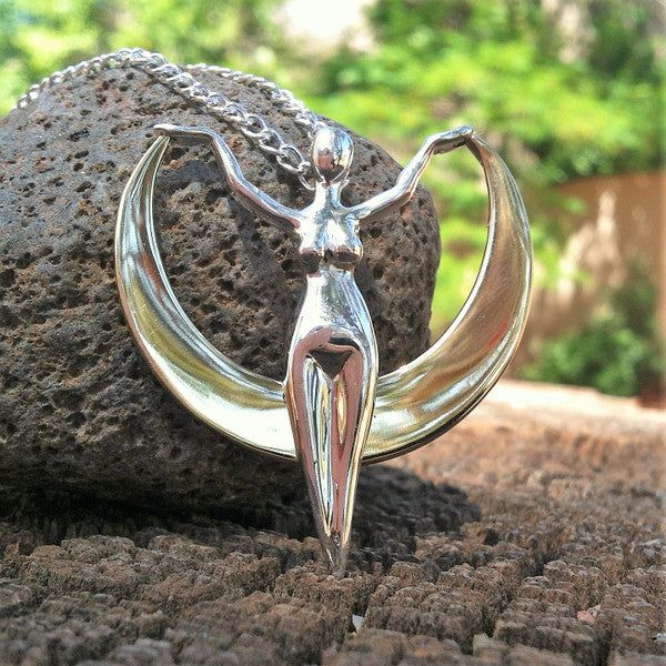 Crescent Moon Goddess in Silver Pendant