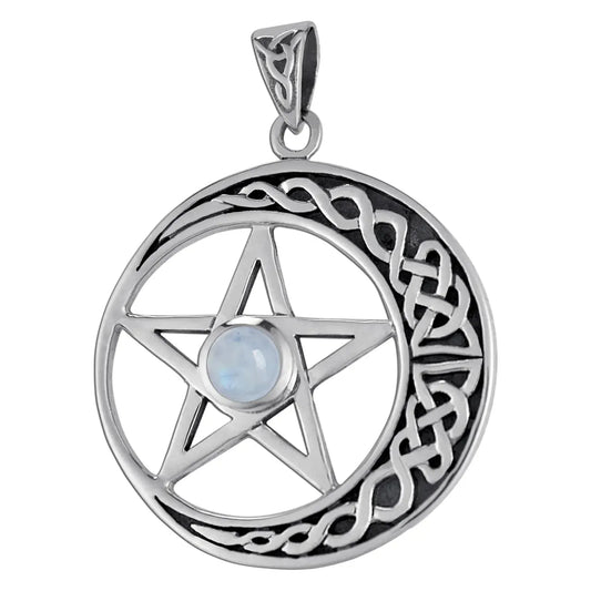 Sterling Silver Celtic Moon Pentacle Pendant with Rainbow Moonstone