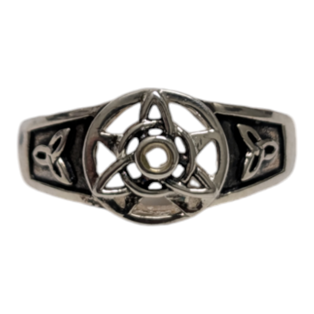 Druid Pentacle & Triquetra Knot Moonstone White Bronze Ring