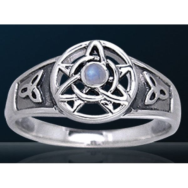 Druid Pentacle & Triquetra Knot Moonstone White Bronze Ring