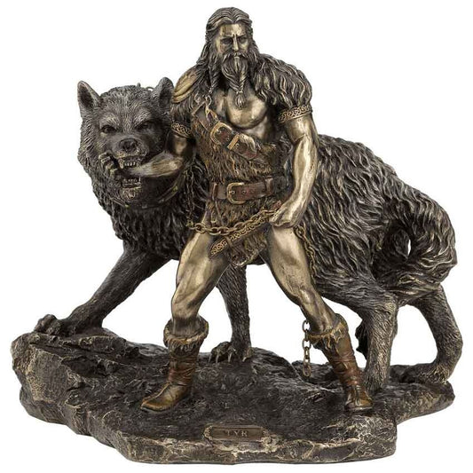 Veronese Design Norse God of Combat and Victory Tyr and The Binding of Fenrir The Wolf Bronze Finish Statue