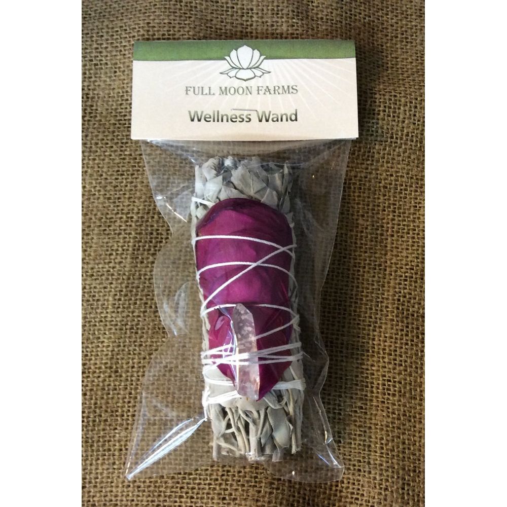 Wellness Wand: White Sage, Rose Petals & Crystal