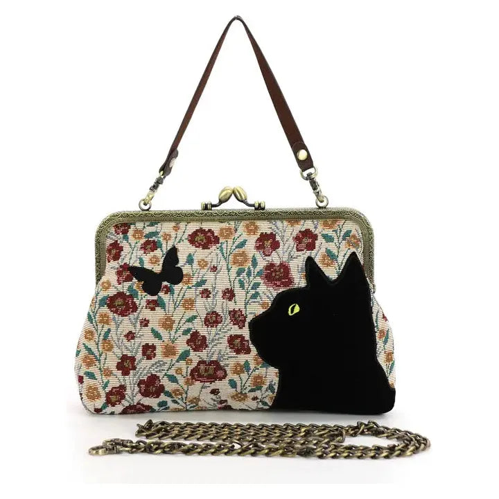 Floral Black Cat Wtch's Familiar Kisslock Bag