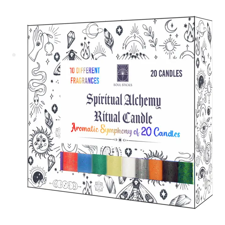 Spiritual Alchemy Ritual Candles (Box of 20) different colors and different scents for all of your spell and Ritual needs