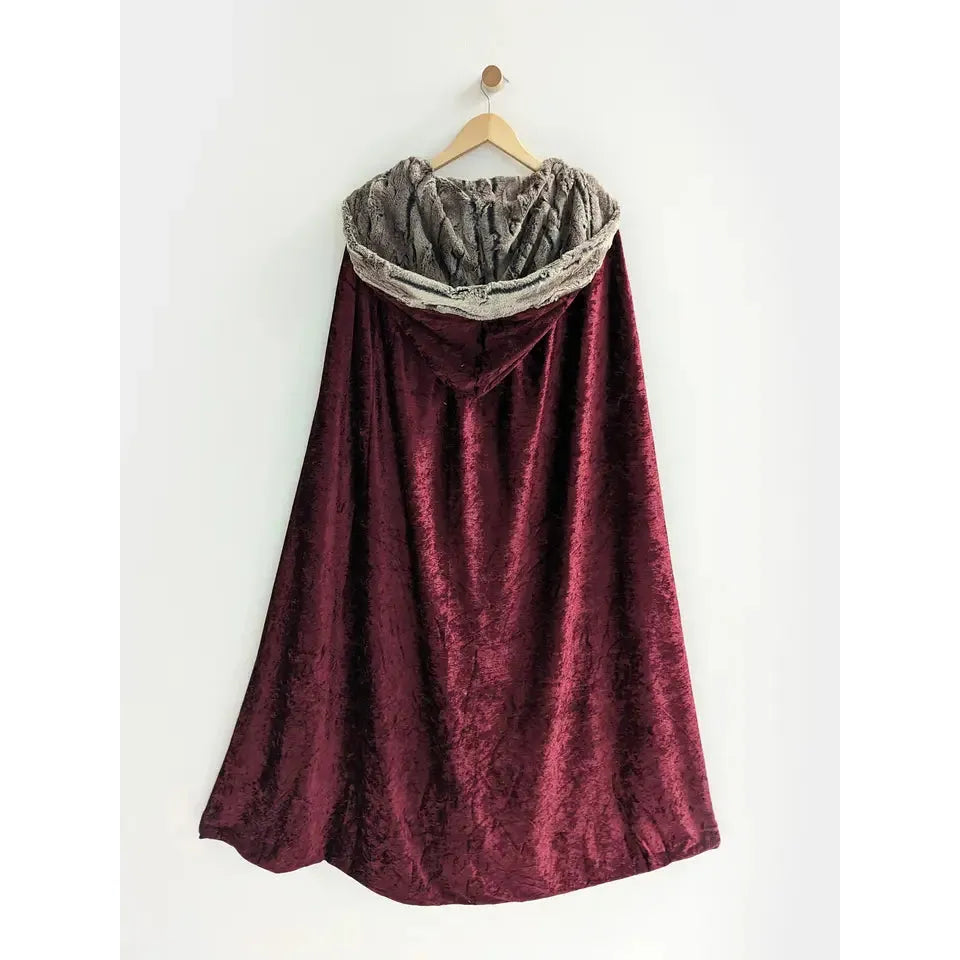 Faux Fox Fur Hooded Cloak | Burgundy Cloak with Pewter Fur