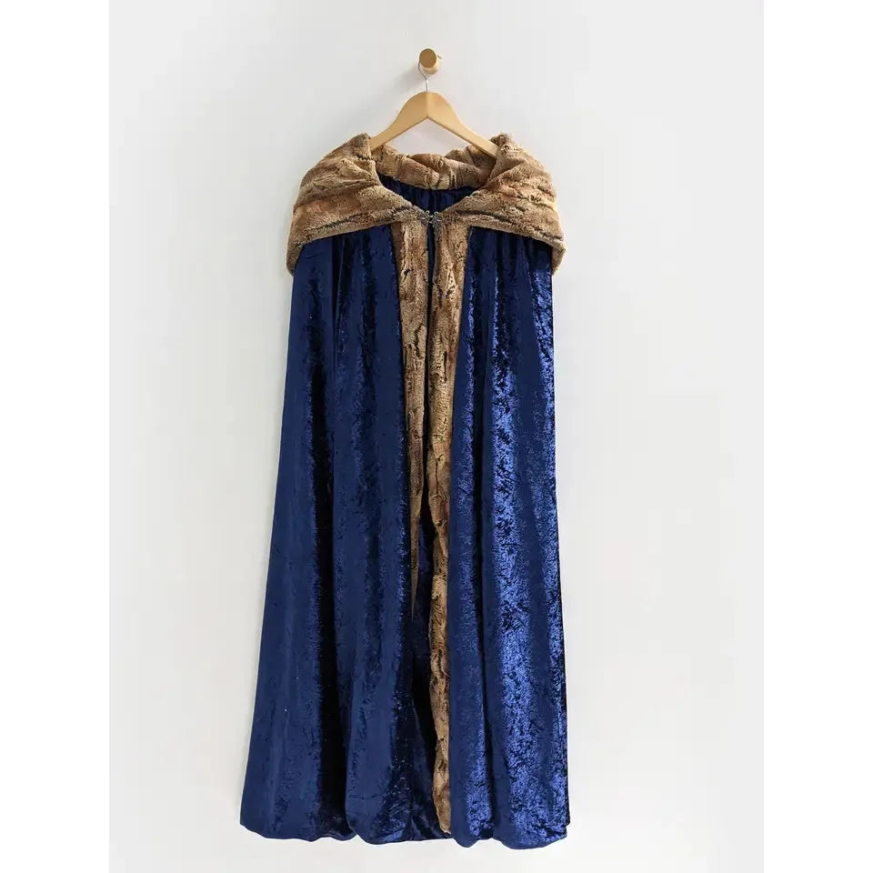 Faux Fox Fur Hooded Cloak | Blue Cloak with Pewter Fur