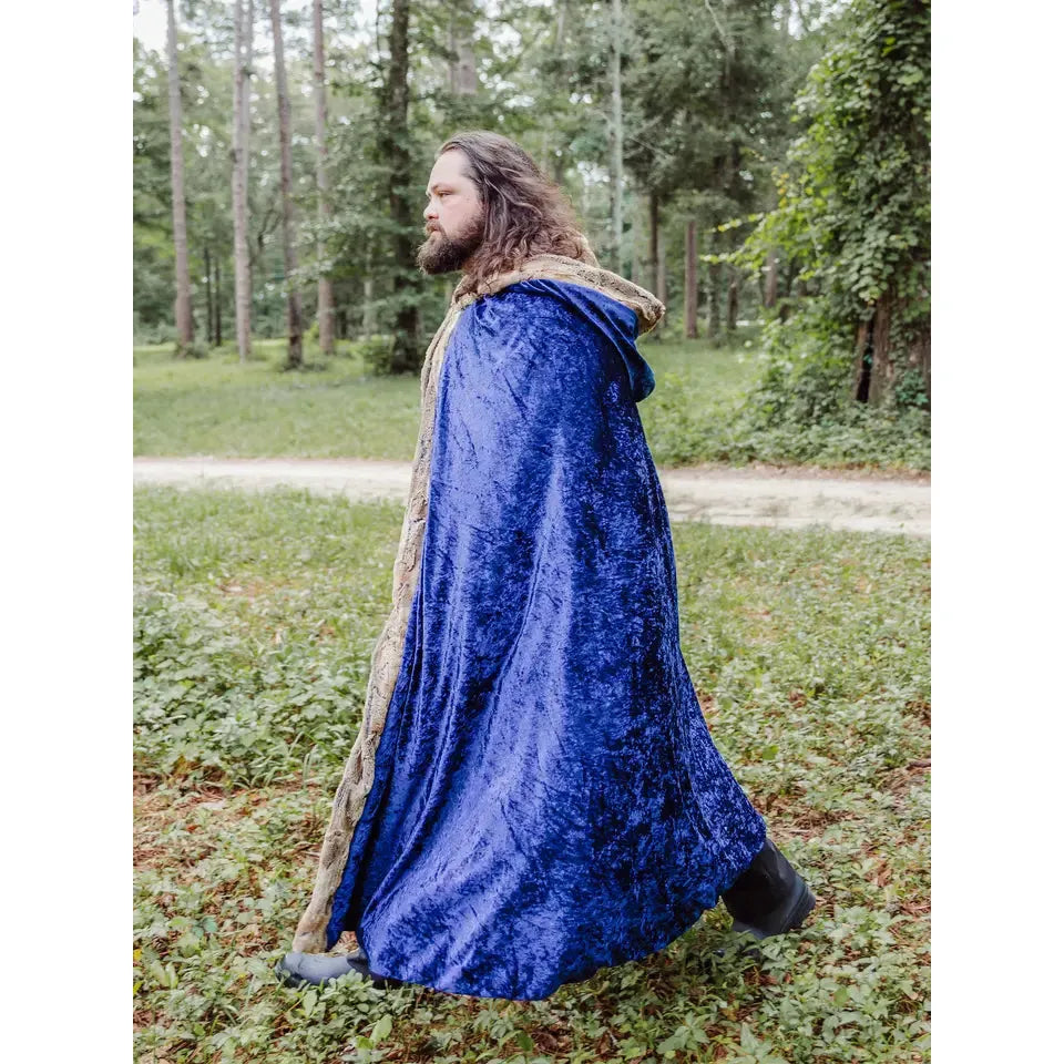 Faux Fox Fur Hooded Cloak | Blue Cloak with Pewter Fur