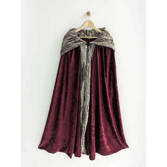 Faux Fox Fur Hooded Cloak | Burgundy Cloak with Pewter Fur