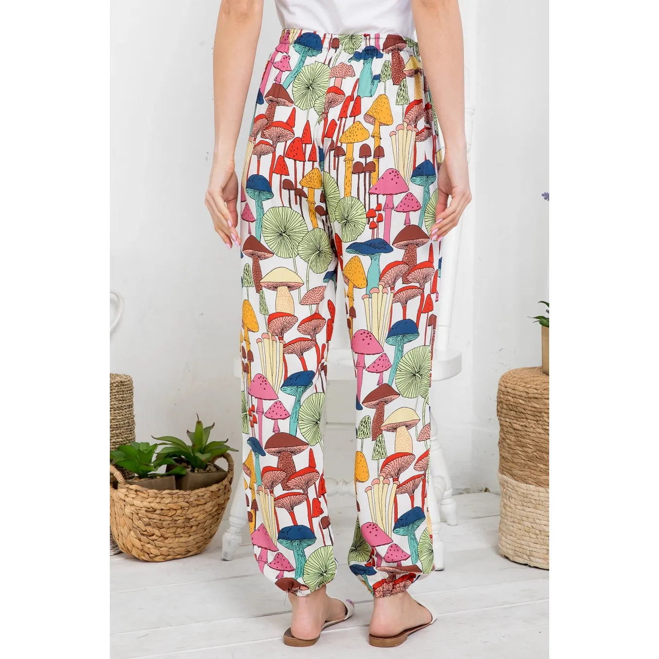 Mushroom Print Pants with Pocket and Drawstrings