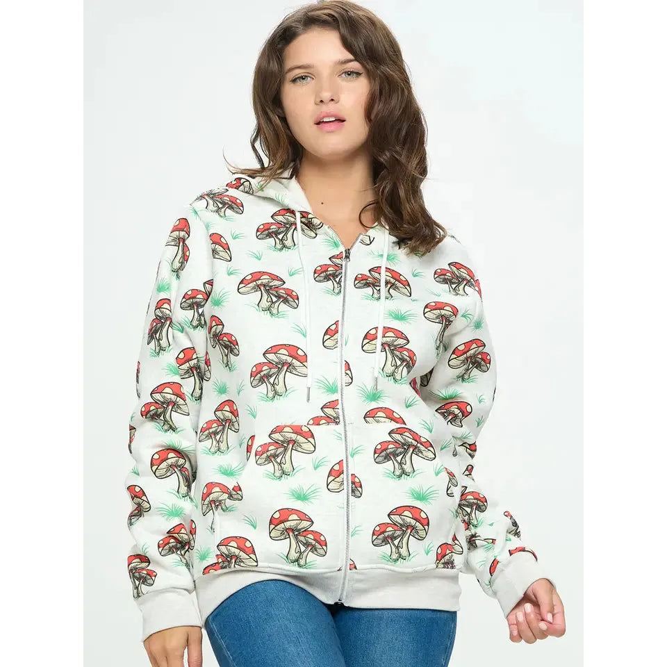 Red and White Mushroom Print Zipper Hoodie S-XL