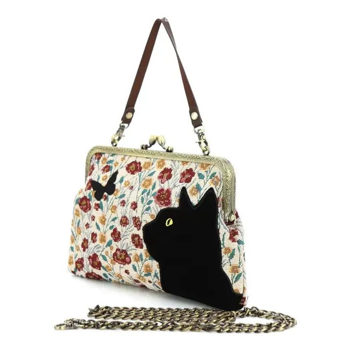 Floral Black Cat Wtch's Familiar Kisslock Bag