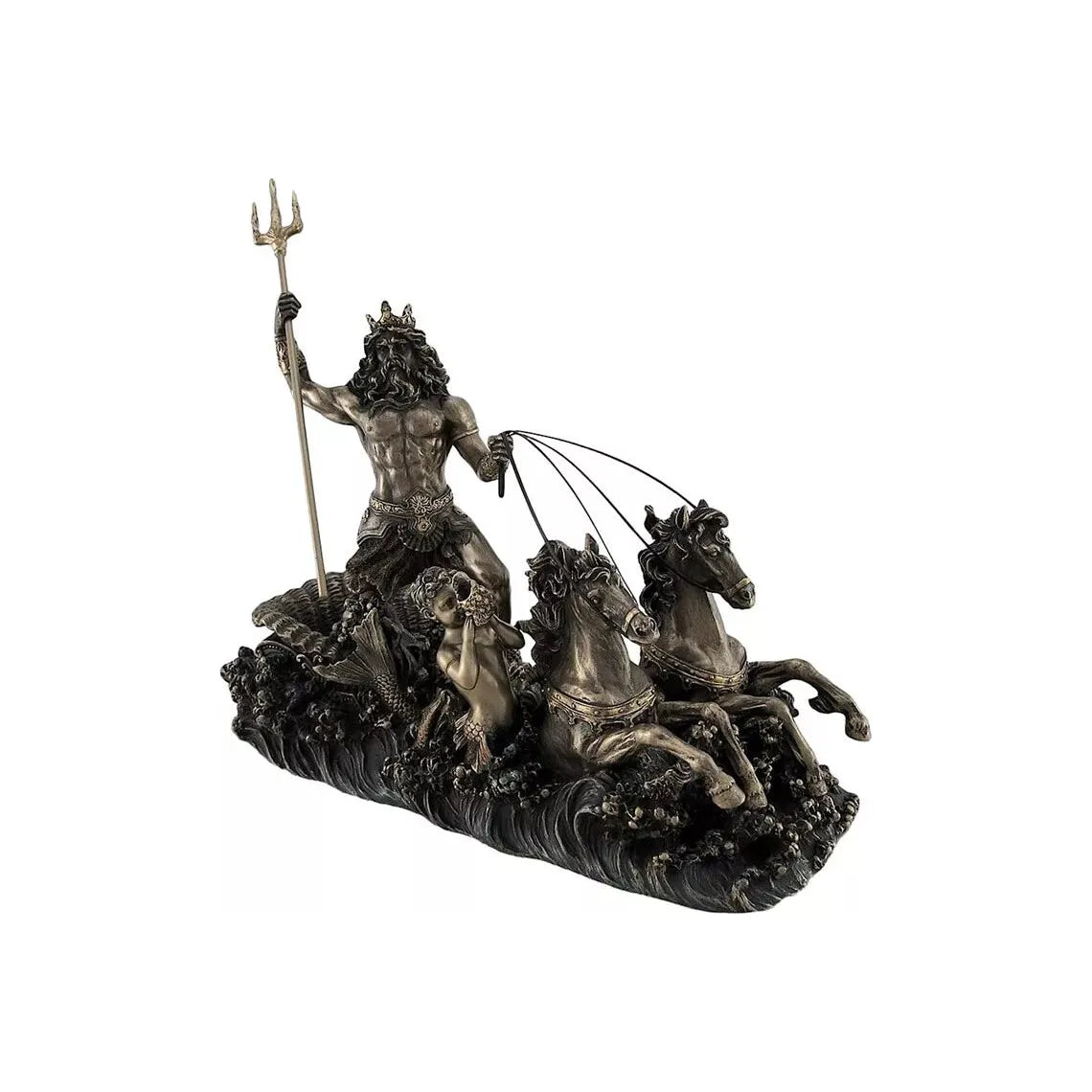 Poseidon on Hippocampus Chariot Cold Cast Bronze & Resin Statue Sculpture